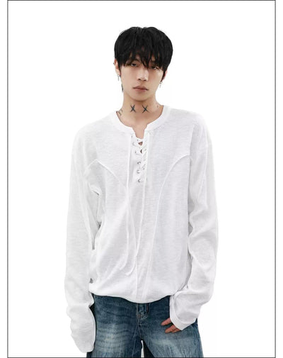 Lace-Up Knitted Long Sleeve T-Shirt Korean Street Fashion T-Shirt By Mr Nearly Shop Online at OH Vault