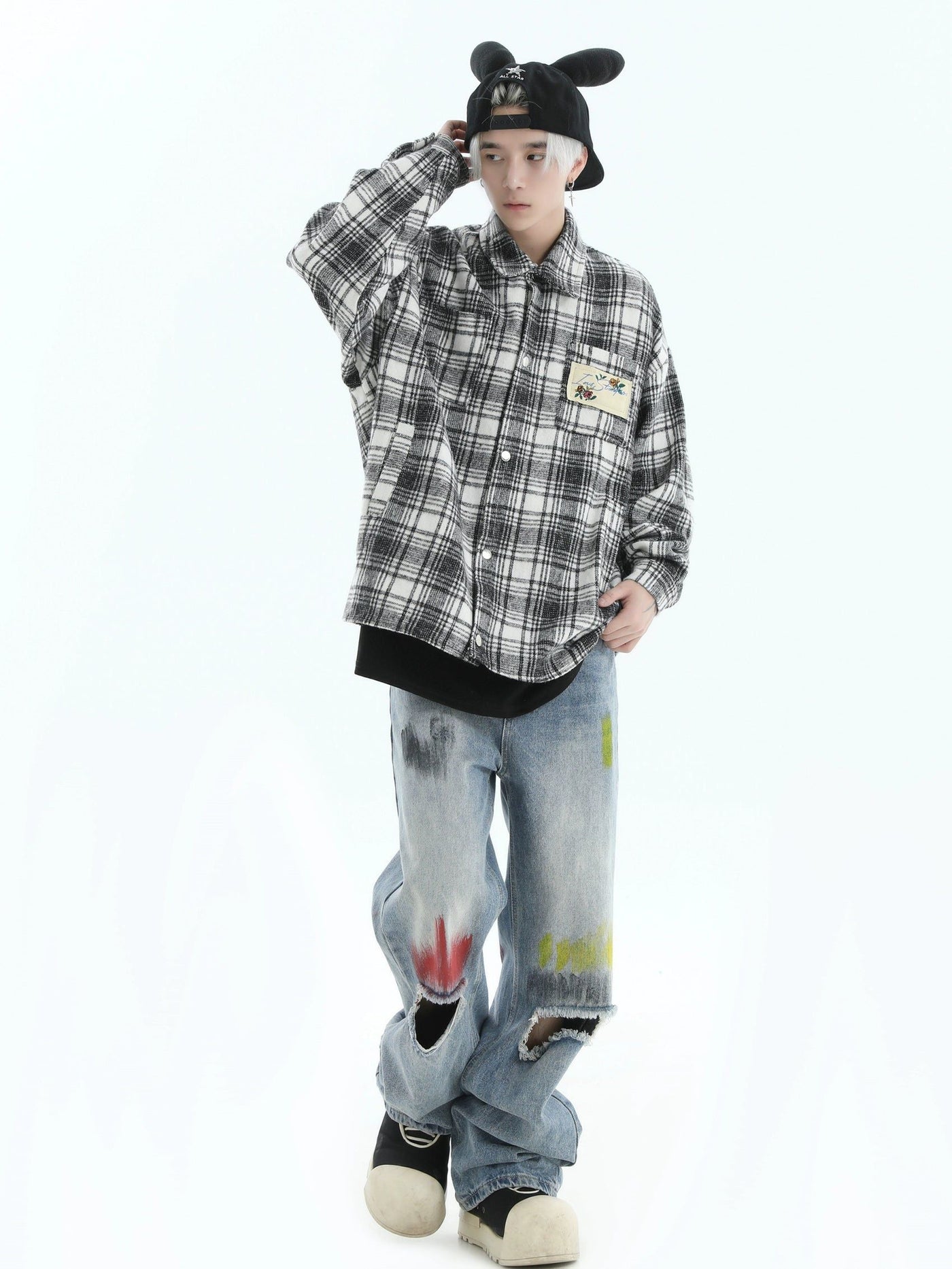 Patched Plaid Comfty Shirt Korean Street Fashion Shirt By INS Korea Shop Online at OH Vault