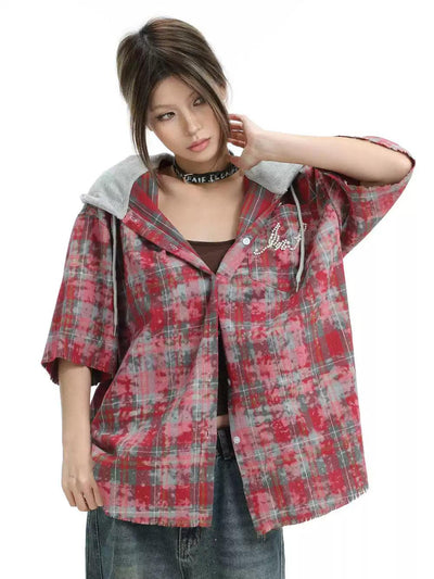 Spliced Hoodie Plaid Shirt Korean Street Fashion Shirt By INS Korea Shop Online at OH Vault