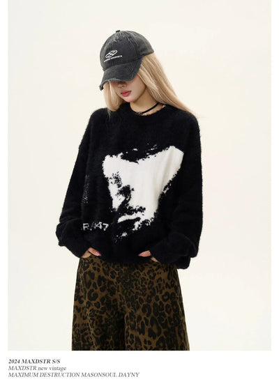 Fuzzy Map Print Sweater Korean Street Fashion Sweater By MaxDstr Shop Online at OH Vault