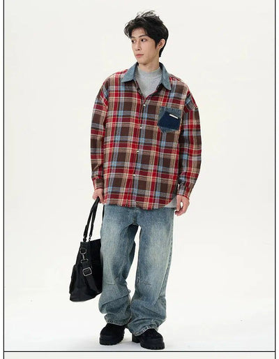 Plaid Denim Pocket & Collar Shirt Korean Street Fashion Shirt By 77Flight Shop Online at OH Vault