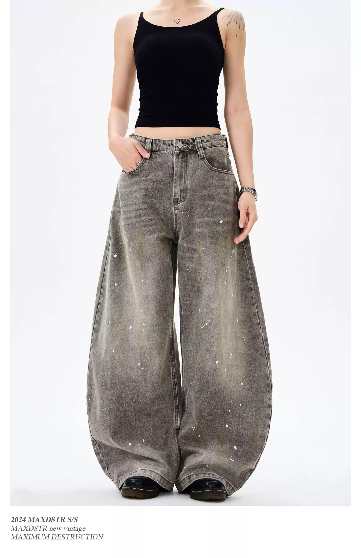 Washed Ink-Splash Wide Jeans Korean Street Fashion Jeans By MaxDstr Shop Online at OH Vault