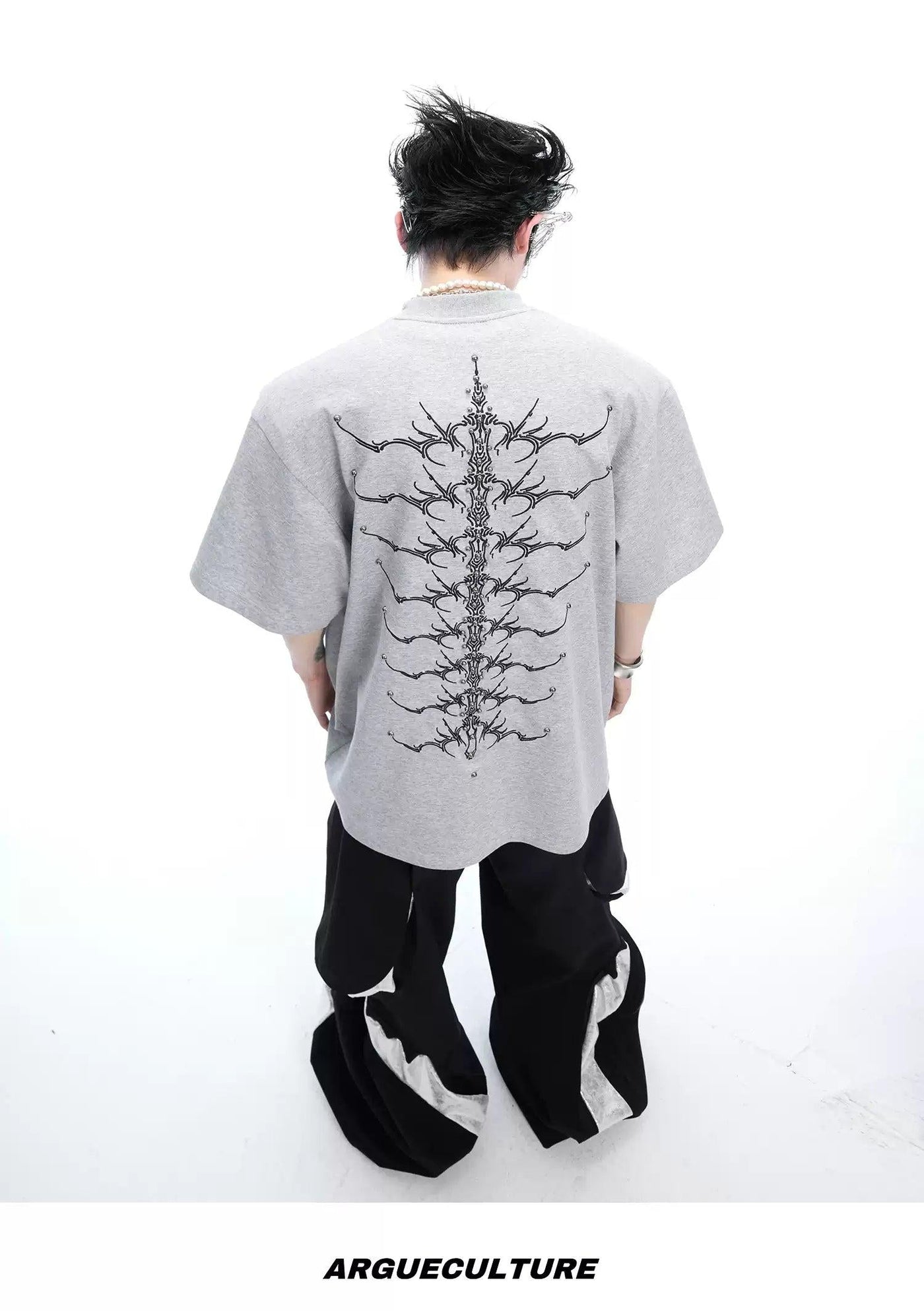 Detailed Spine Embroidered T-Shirt Korean Street Fashion T-Shirt By Argue Culture Shop Online at OH Vault