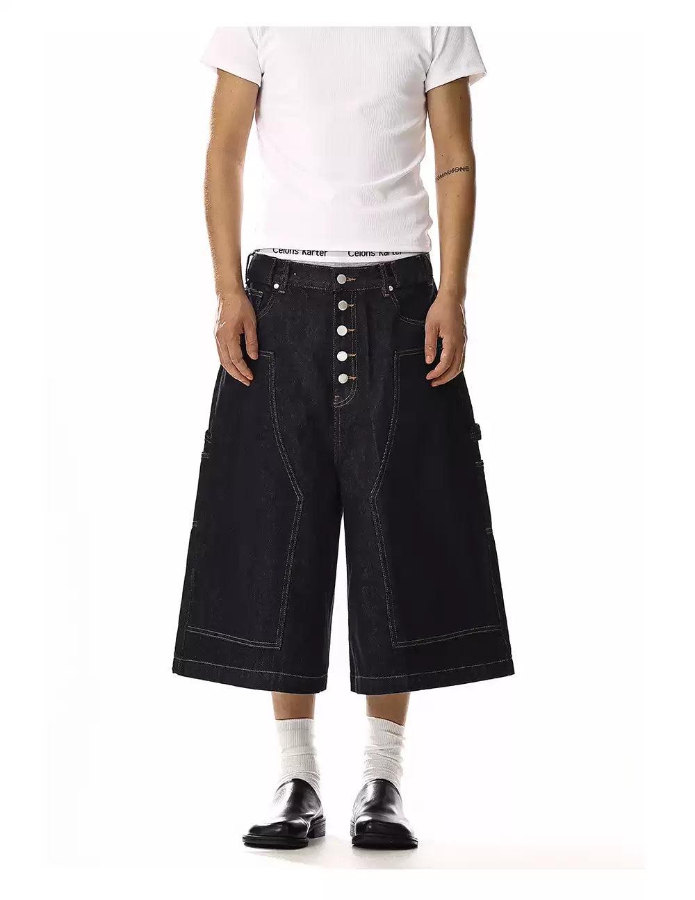 Multi-Buttoned Contrast Stitches Denim Shorts Korean Street Fashion Shorts By MEBXX Shop Online at OH Vault