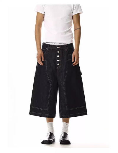 Multi-Buttoned Contrast Stitches Denim Shorts Korean Street Fashion Shorts By MEBXX Shop Online at OH Vault