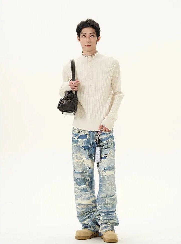 Washed Ripped Pattern Jeans Korean Street Fashion Jeans By 77Flight Shop Online at OH Vault