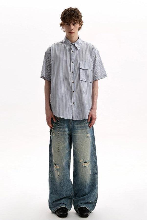 Flap Pocket Striped Shirt Korean Street Fashion Shirt By A PUEE Shop Online at OH Vault