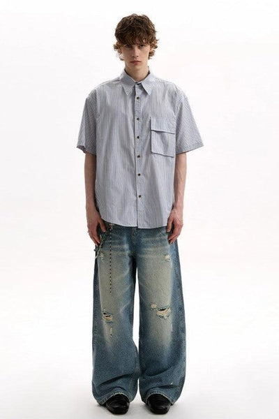 Flap Pocket Striped Shirt Korean Street Fashion Shirt By A PUEE Shop Online at OH Vault