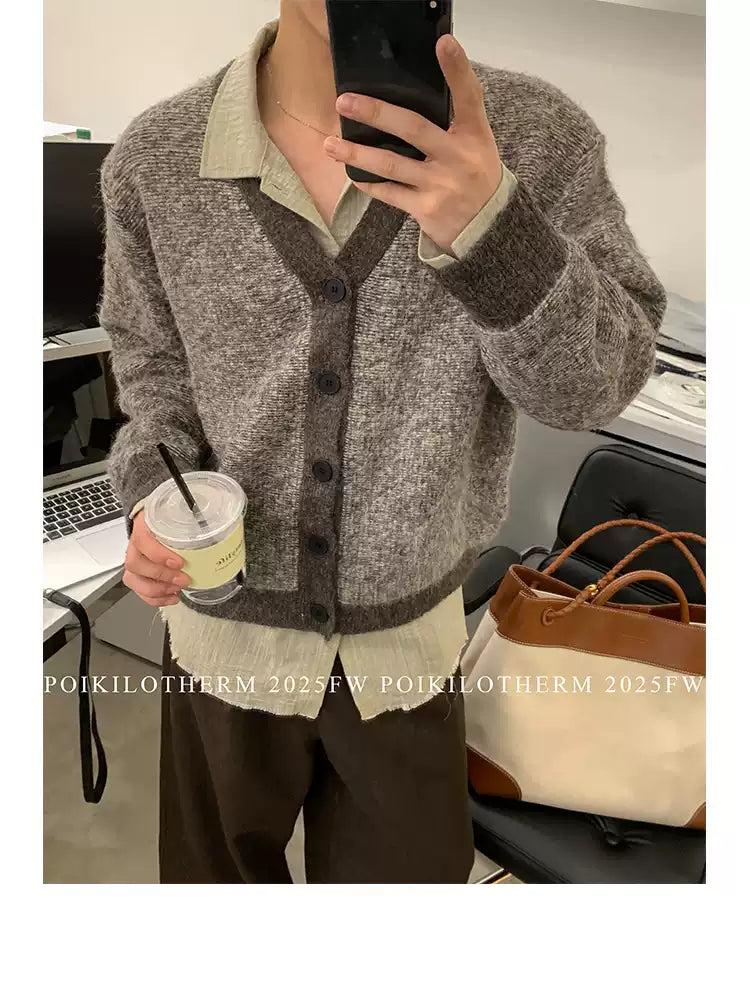 Contrast Fuzzy Knit V-Neck Cardigan Korean Street Fashion Cardigan By Poikilotherm Shop Online at OH Vault