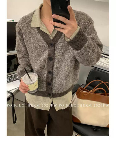 Contrast Fuzzy Knit V-Neck Cardigan Korean Street Fashion Cardigan By Poikilotherm Shop Online at OH Vault
