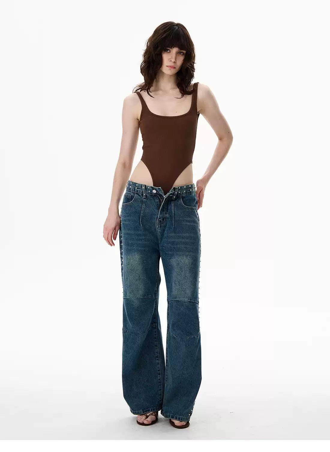 Faded Rhinestone Details Straight Jeans Korean Street Fashion Jeans By 77Flight Shop Online at OH Vault