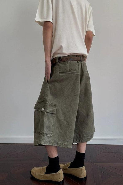 Washed Wide Cargo Denim Shorts Korean Street Fashion Shorts By A PUEE Shop Online at OH Vault