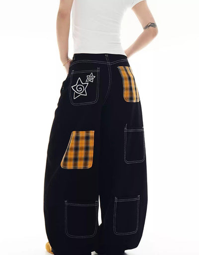 Plaid Patched Detail Scimitar Jeans Korean Street Fashion Jeans By Blacklists Shop Online at OH Vault