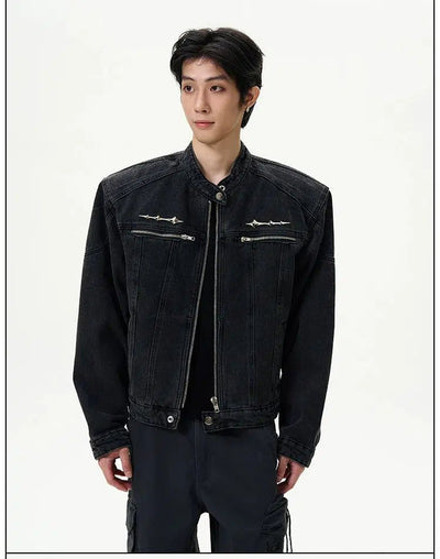 Wide Shoulder Pad Zipped Denim Jacket Korean Street Fashion Jacket By 77Flight Shop Online at OH Vault