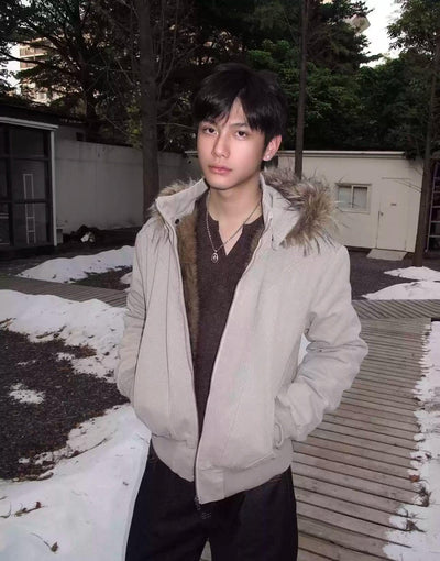 Fur-Lined Ribbed Hem Hooded Jacket Korean Street Fashion Jacket By Made Extreme Shop Online at OH Vault