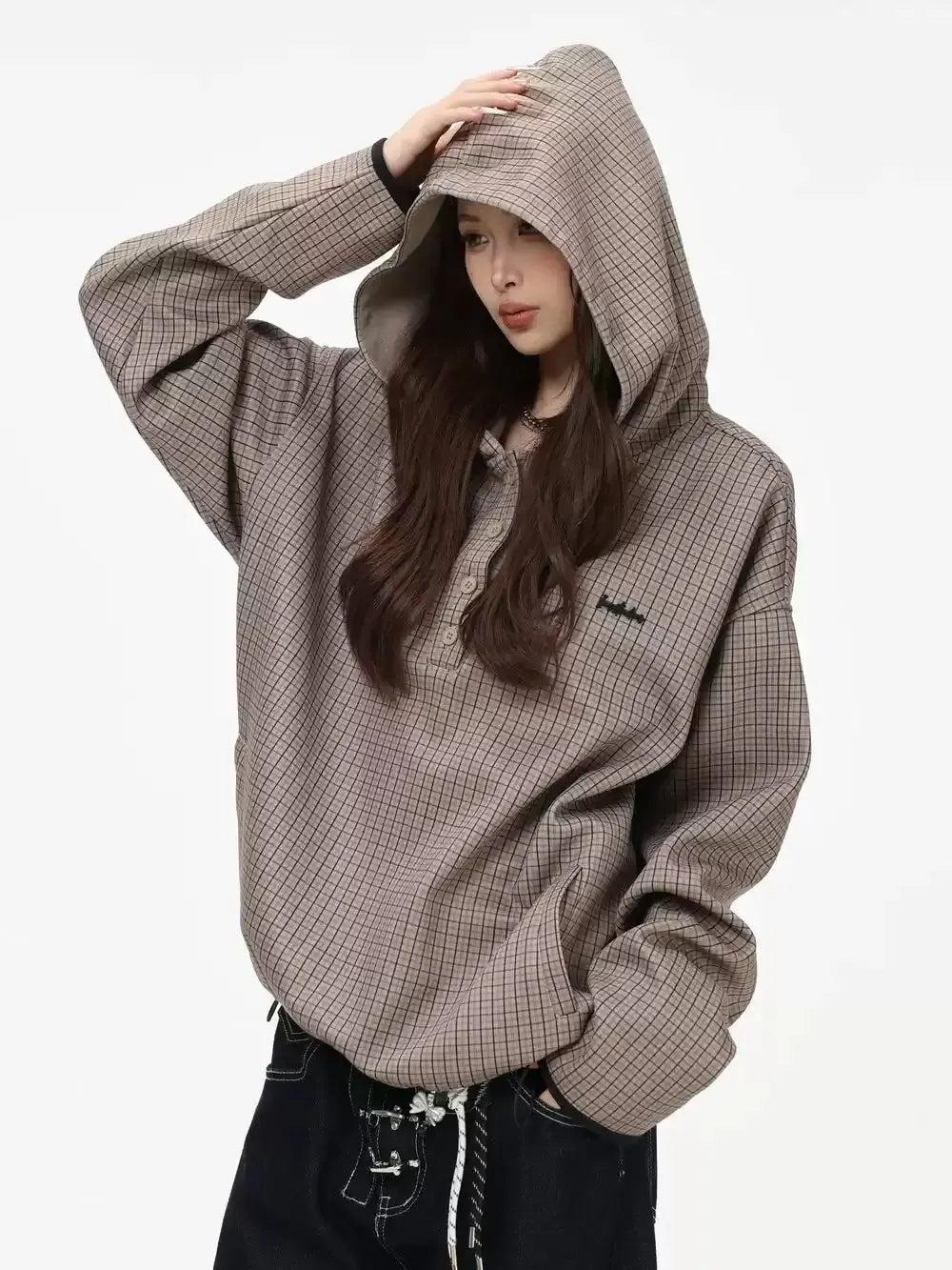 Checkered Half-Button Hooded Jacket Korean Street Fashion Jacket By INS Korea Shop Online at OH Vault