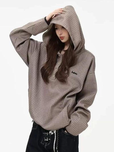 Checkered Half-Button Hooded Jacket Korean Street Fashion Jacket By INS Korea Shop Online at OH Vault