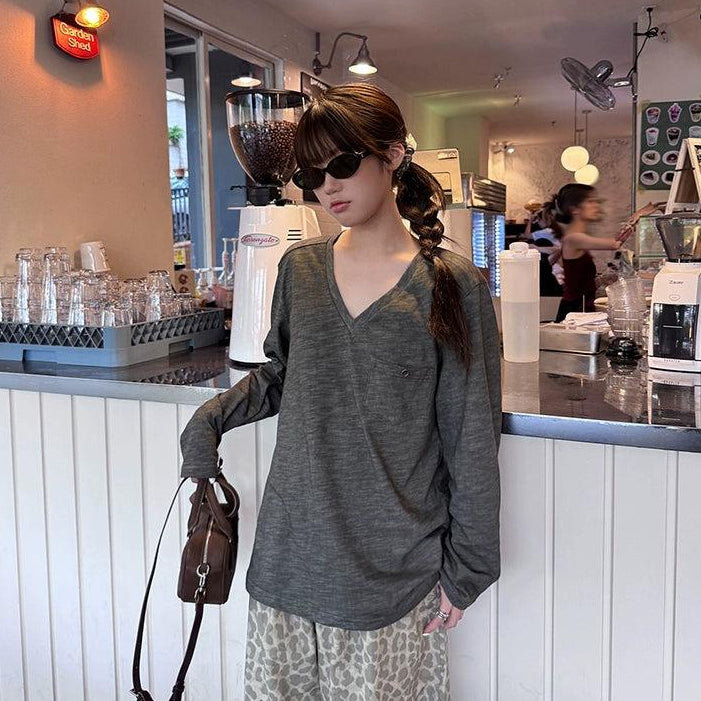 V-Neck Relaxed Fit Long Sleeve T-Shirt Korean Street Fashion T-Shirt By Jump Next Shop Online at OH Vault