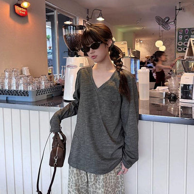 V-Neck Relaxed Fit Long Sleeve T-Shirt Korean Street Fashion T-Shirt By Jump Next Shop Online at OH Vault