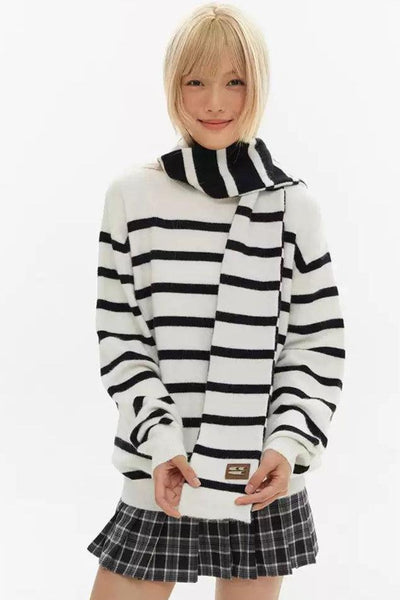 Black and White Stripes Scarf Sweater Korean Street Fashion Sweater By Crying Center Shop Online at OH Vault