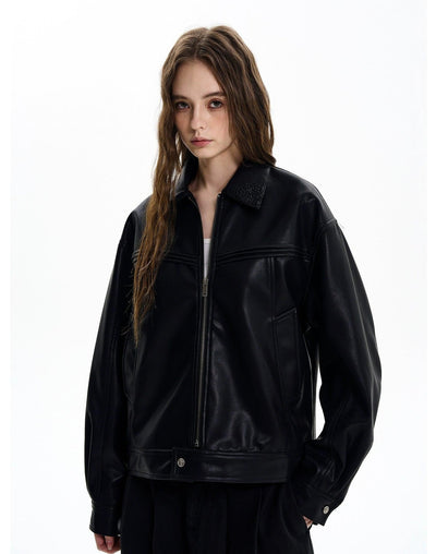 Embossed Collar PU Leather Jacket Korean Street Fashion Jacket By MaxDstr Shop Online at OH Vault