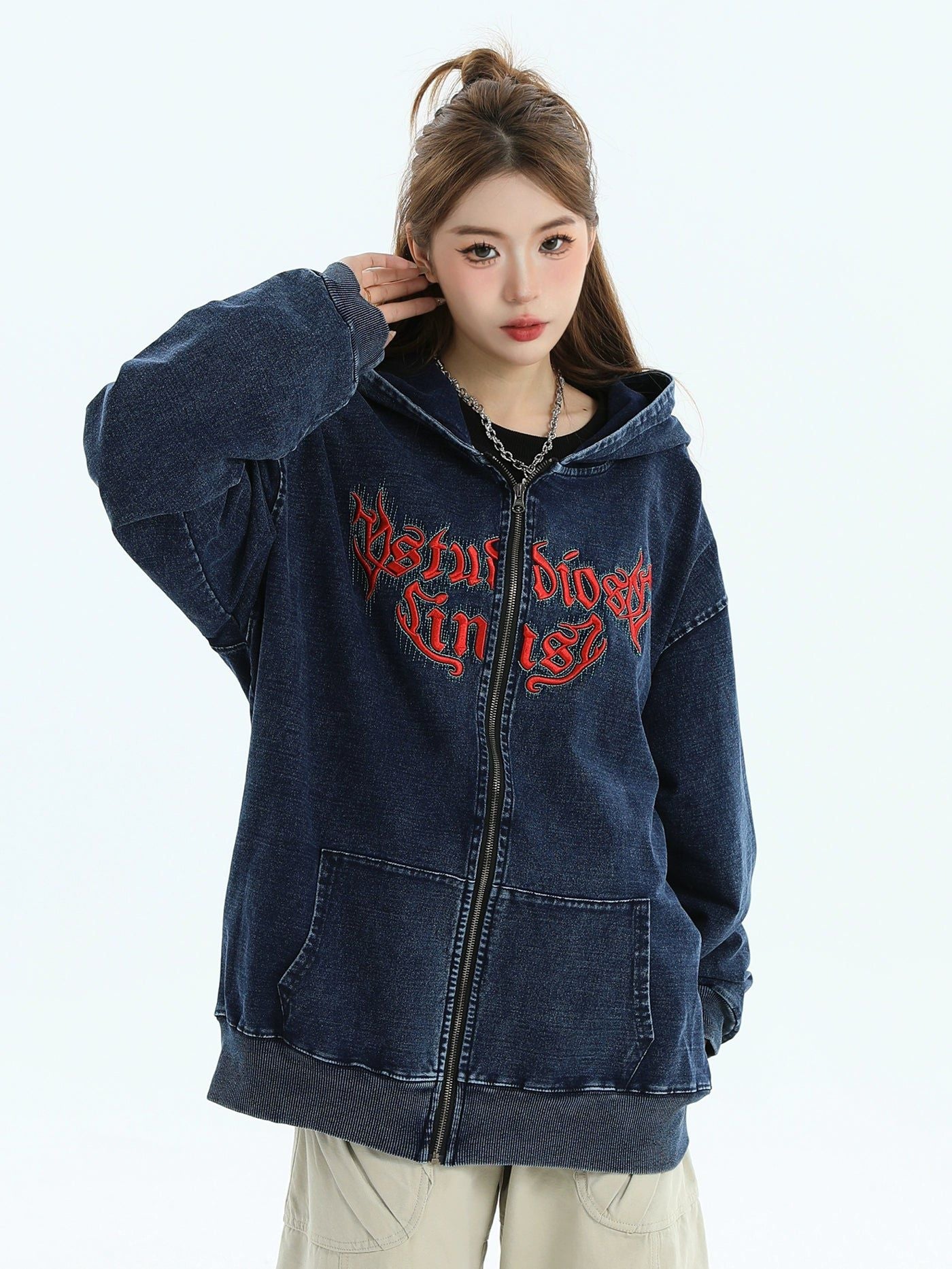 Grunged & Embroidered Hooded Denim Jacket Korean Street Fashion Jacket By INS Korea Shop Online at OH Vault