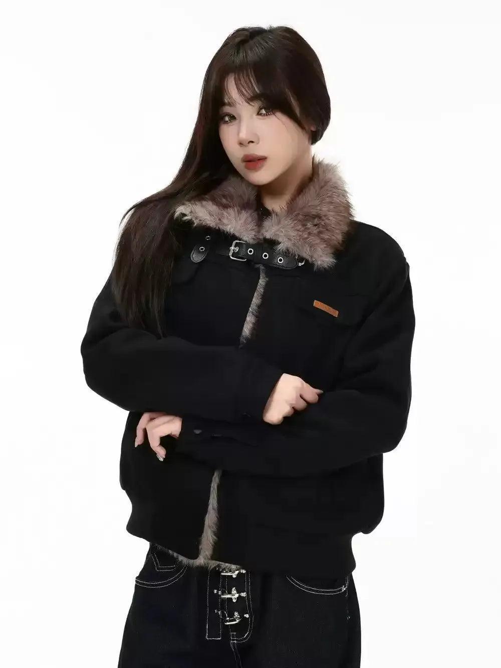 Strapped Fur-Trimmed Micro Suede Jacket Korean Street Fashion Jacket By INS Korea Shop Online at OH Vault