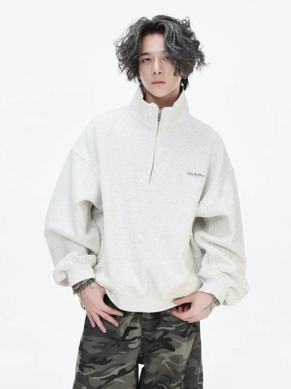 Metallic Logo Stand Collar Half-Zip Korean Street Fashion Half-Zip By INS Korea Shop Online at OH Vault