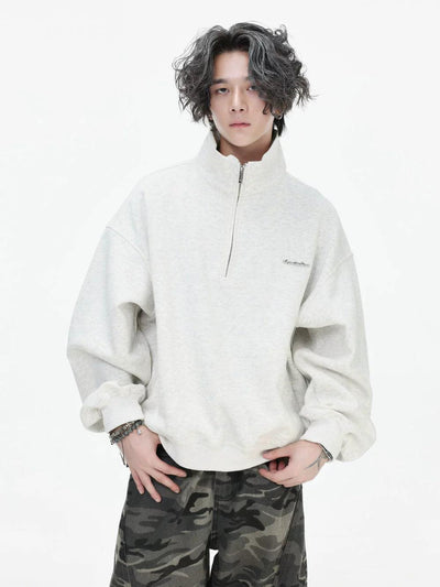 Metallic Logo Stand Collar Half-Zip Korean Street Fashion Half-Zip By INS Korea Shop Online at OH Vault