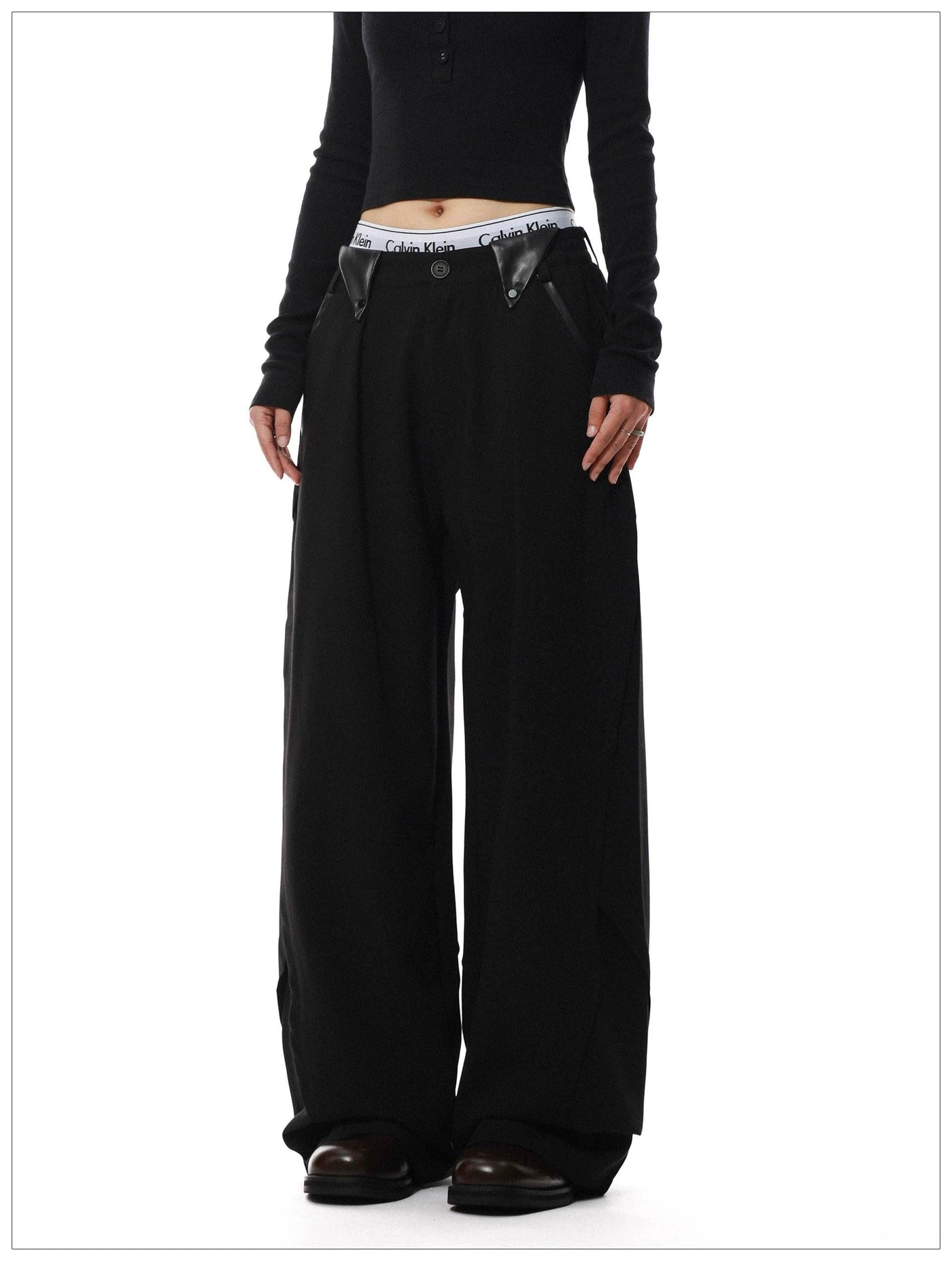 PU Leather Detail Straight Pants Korean Street Fashion Pants By Mr Nearly Shop Online at OH Vault
