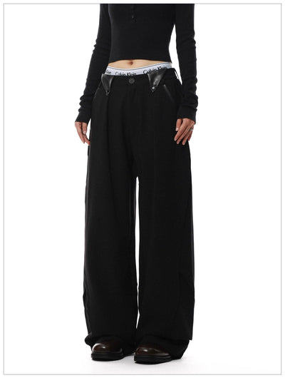 PU Leather Detail Straight Pants Korean Street Fashion Pants By Mr Nearly Shop Online at OH Vault