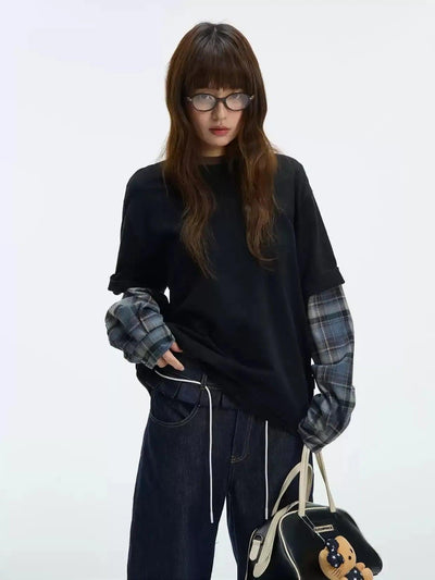 Spliced Plaid Long Sleeve T-Shirt Korean Street Fashion T-Shirt By Jump Next Shop Online at OH Vault