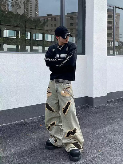 Leopard Ripped Hole Jeans Korean Street Fashion Jeans By Dark Fog Shop Online at OH Vault