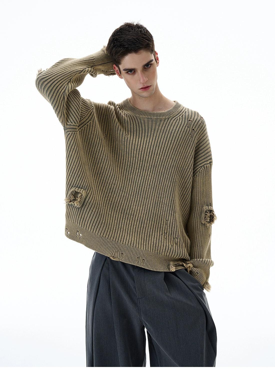 Distressed Textured Round Neck Sweater Korean Street Fashion Sweater By 77Flight Shop Online at OH Vault