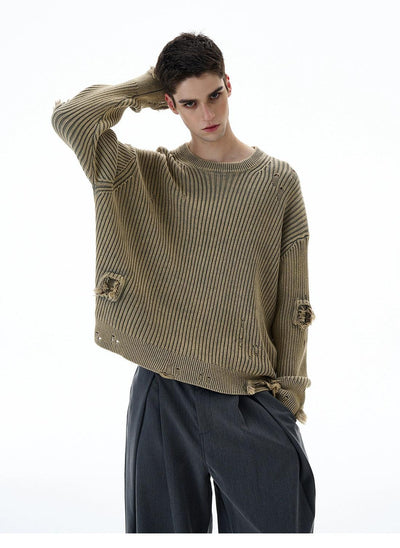 Distressed Textured Round Neck Sweater Korean Street Fashion Sweater By 77Flight Shop Online at OH Vault