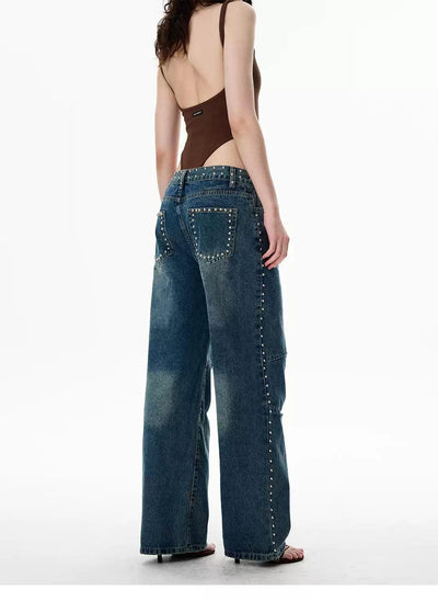 Faded Rhinestone Details Straight Jeans Korean Street Fashion Jeans By 77Flight Shop Online at OH Vault