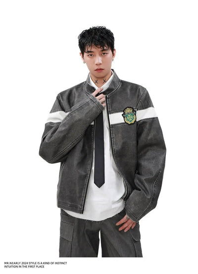 Spliced Badge Detail Moto PU Leather Jacket Korean Street Fashion Jacket By Mr Nearly Shop Online at OH Vault