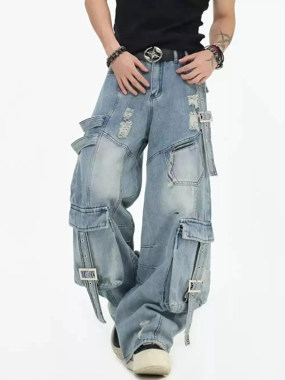 Multiple Straps Detail Cargo Jeans Korean Street Fashion Jeans By INS Korea Shop Online at OH Vault