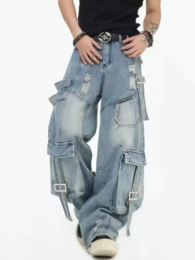 Multiple Straps Detail Cargo Jeans Korean Street Fashion Jeans By INS Korea Shop Online at OH Vault
