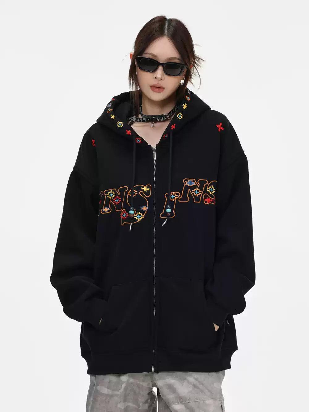 Embroidered Logo & Pattern Hoodie Korean Street Fashion Hoodie By INS Korea Shop Online at OH Vault