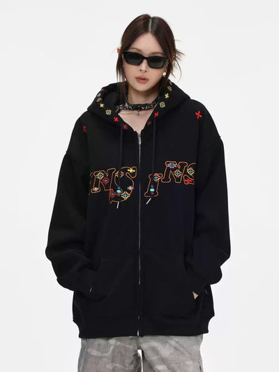 Embroidered Logo & Pattern Hoodie Korean Street Fashion Hoodie By INS Korea Shop Online at OH Vault