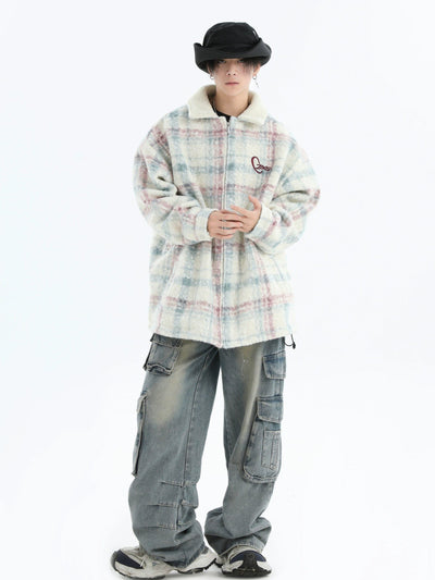 Fuzzy Plaid Jacket Korean Street Fashion Jacket By INS Korea Shop Online at OH Vault