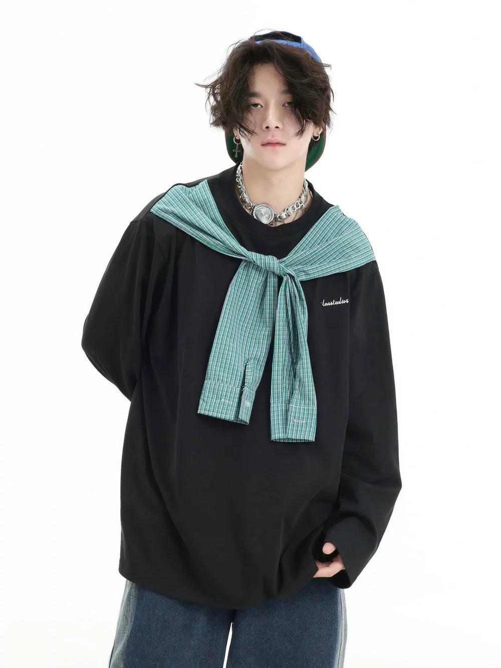 Spliced Plaid Long Sleeve T-Shirt Korean Street Fashion T-Shirt By INS Korea Shop Online at OH Vault