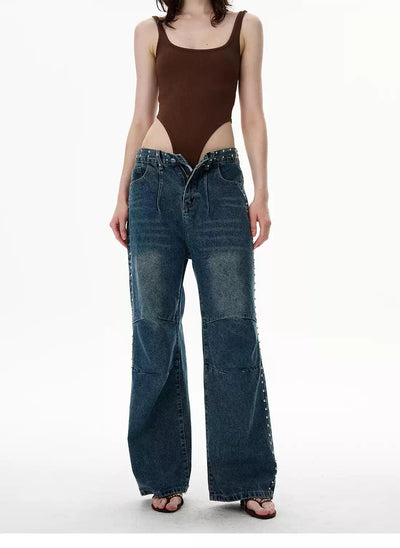 Faded Rhinestone Details Straight Jeans Korean Street Fashion Jeans By 77Flight Shop Online at OH Vault