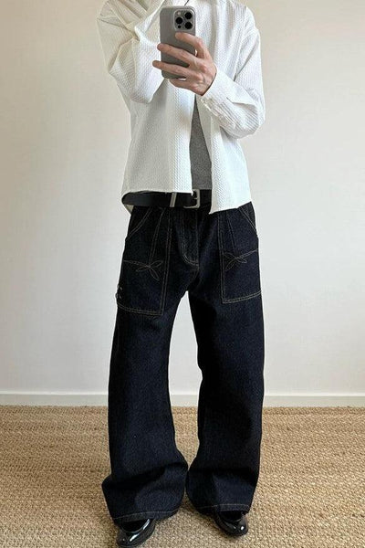 Contrast Outlined Pocket Wide Jeans Korean Street Fashion Jeans By A PUEE Shop Online at OH Vault