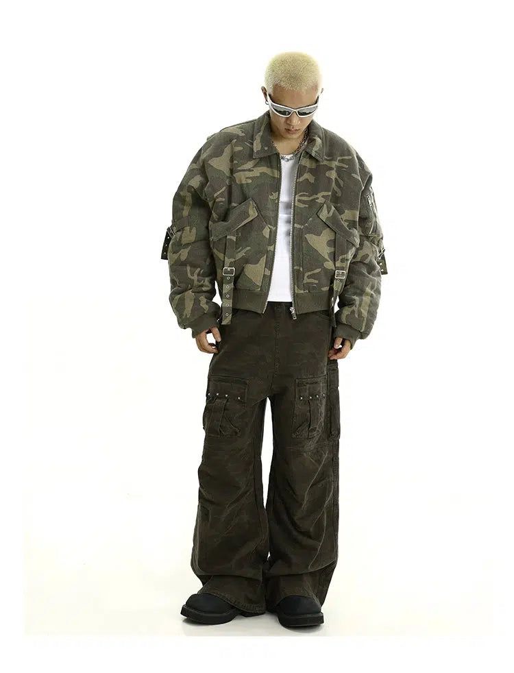 Washed Camo Buckled Strap Jacket Korean Street Fashion Jacket By MEBXX Shop Online at OH Vault