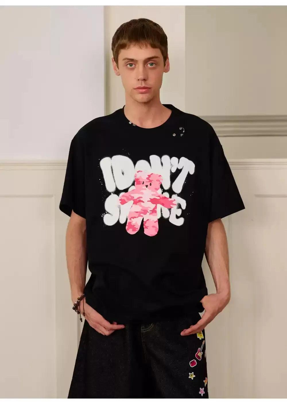 Bear and Graffiti Logo T-Shirt Korean Street Fashion T-Shirt By Donsmoke Shop Online at OH Vault
