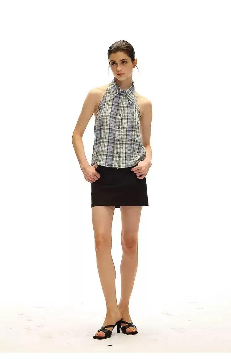 Plaid Halter Neck Blouse Korean Street Fashion Vest By Country Moment Shop Online at OH Vault
