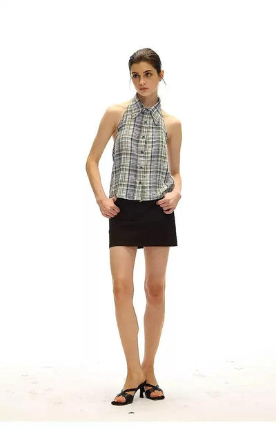 Plaid Halter Neck Blouse Korean Street Fashion Vest By Country Moment Shop Online at OH Vault