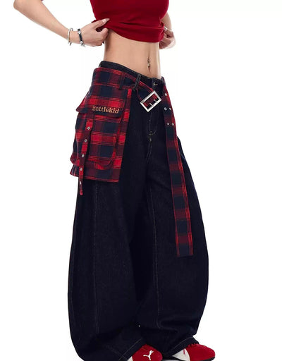 Plaid Splice Belt Wide Jeans Korean Street Fashion Jeans By Blacklists Shop Online at OH Vault
